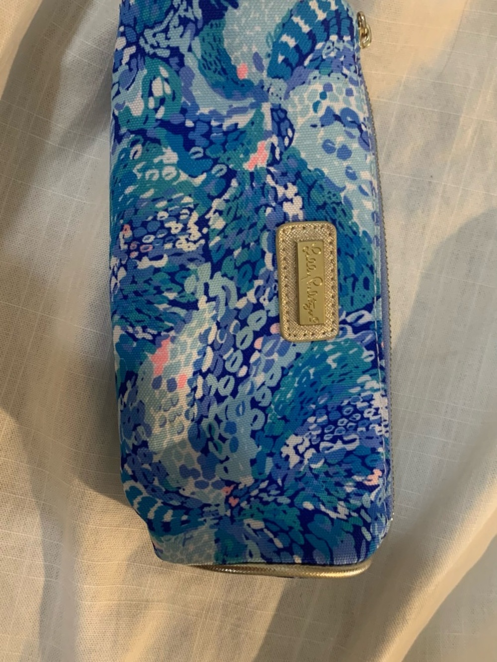 Lilly Pulitzer Blue Swirl Cosmetic Pouch with Gold Plaque